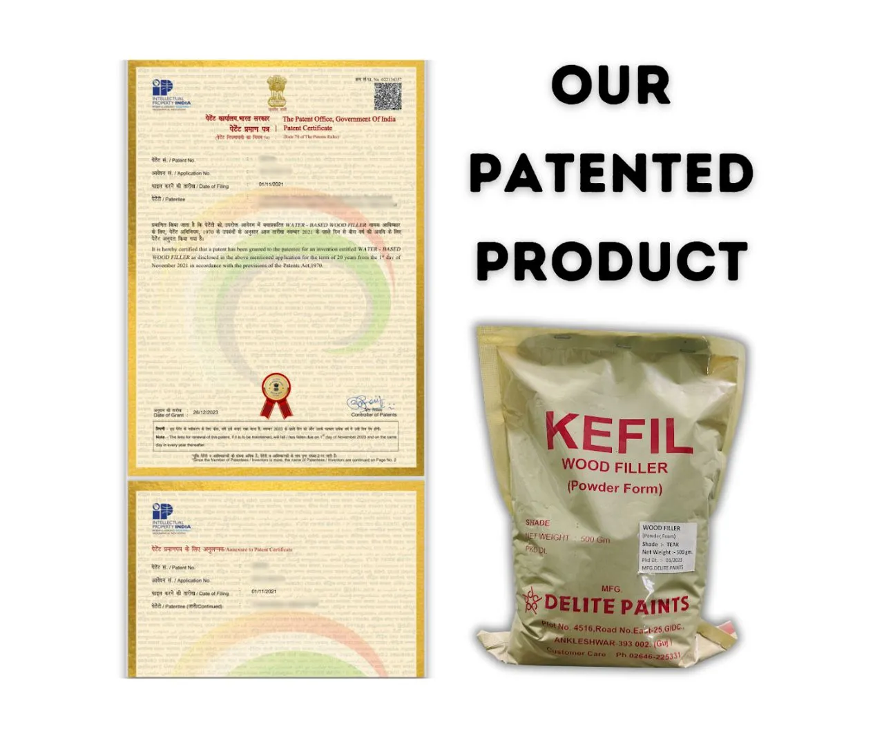 Patent certificate for KEFIL Wood Filler by Delite Paints